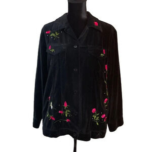 Quacker Factory Medium Rhinestone Rose Embroidered Black Velvet Shacket Top‎ VTG